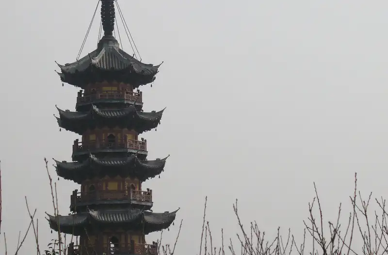 Longhua Temple and Pagoda: multi-tiered pagoda tower rising above trees under an overcast grey sky