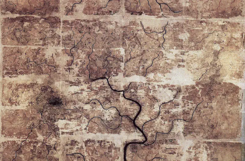 Mawangdui Han Tombs Museum (Hunan Provincial Museum): detail of a Western Han silk map, brown and heavily cracked