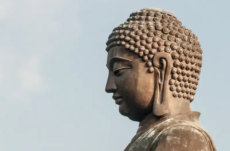 Tian Tan Buddha (Big Buddha): close-up profile of the large bronze Buddha statue's head and shoulders against a grey sky
