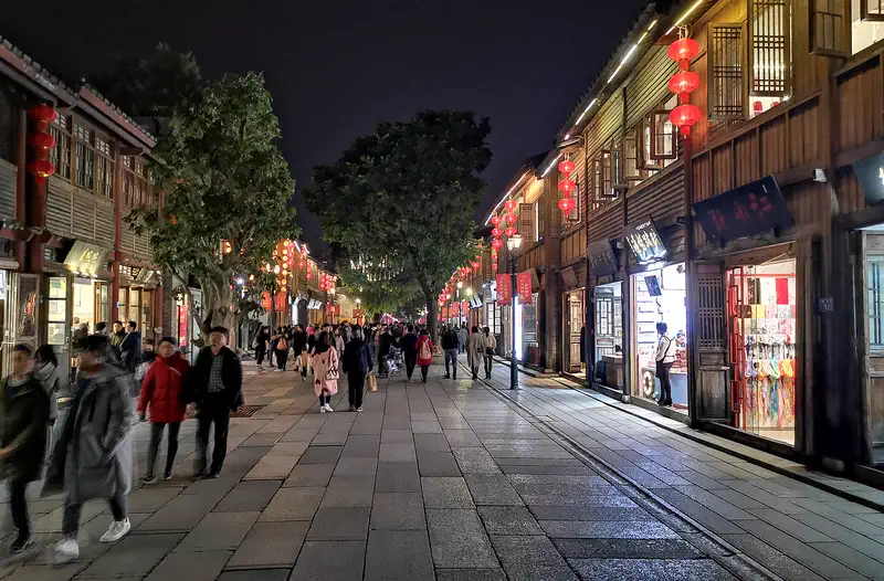 Fuzhou: a lantern-lit paved street in the Three Lanes and Seven Alleys district at night