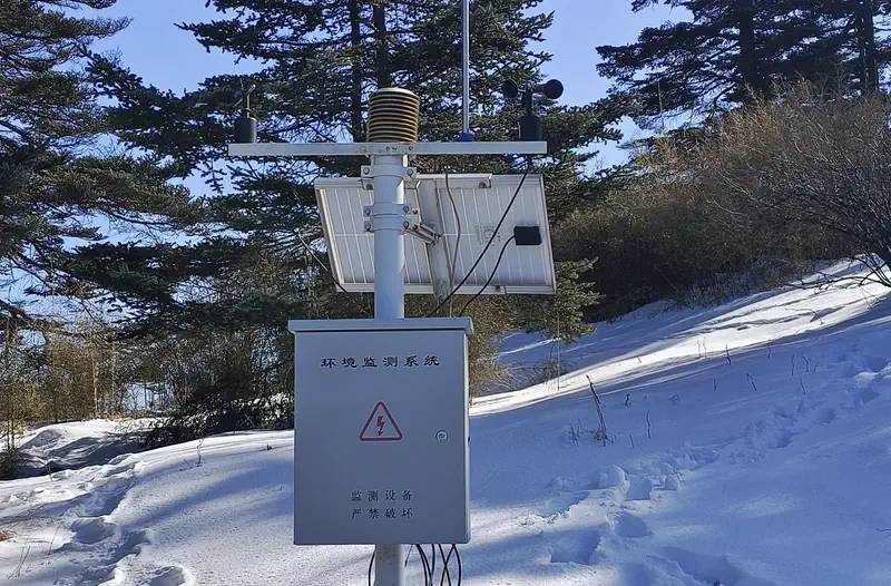 Shennongjia: snow-covered ground and pine trees beside a sign