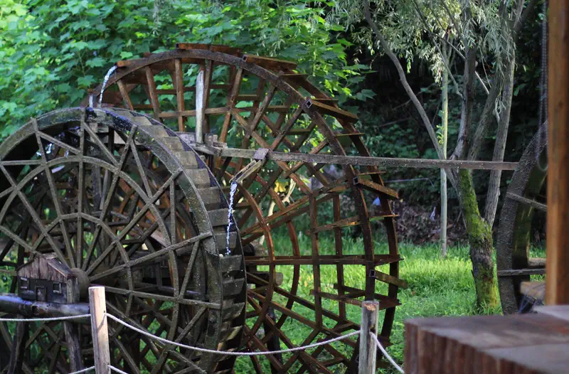 Zhangjiajie: wooden waterwheels surrounded by greenery and trees