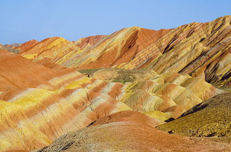 Zhangye: red, orange and yellow striped hills of the Danxia landform in Zhangye National Geopark